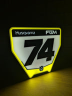 Custom Husqvarna motocross number plate LED sign with personalized rider number and name
