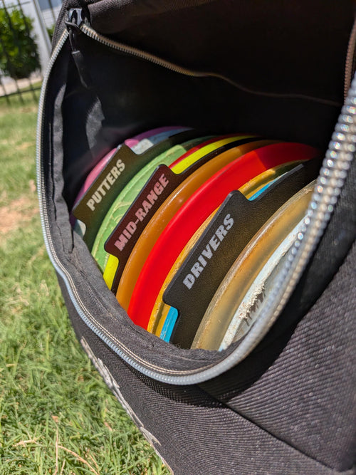 Three labeled disc golf disc separators in custom colors