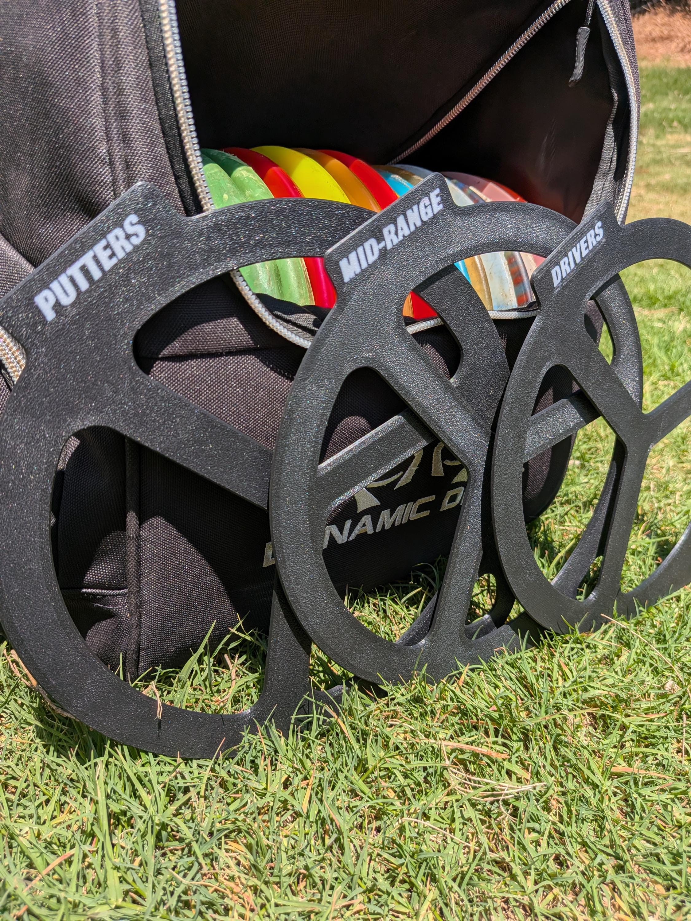 Set of 3 3D printed disc golf bag dividers for drivers, mid-range and putters