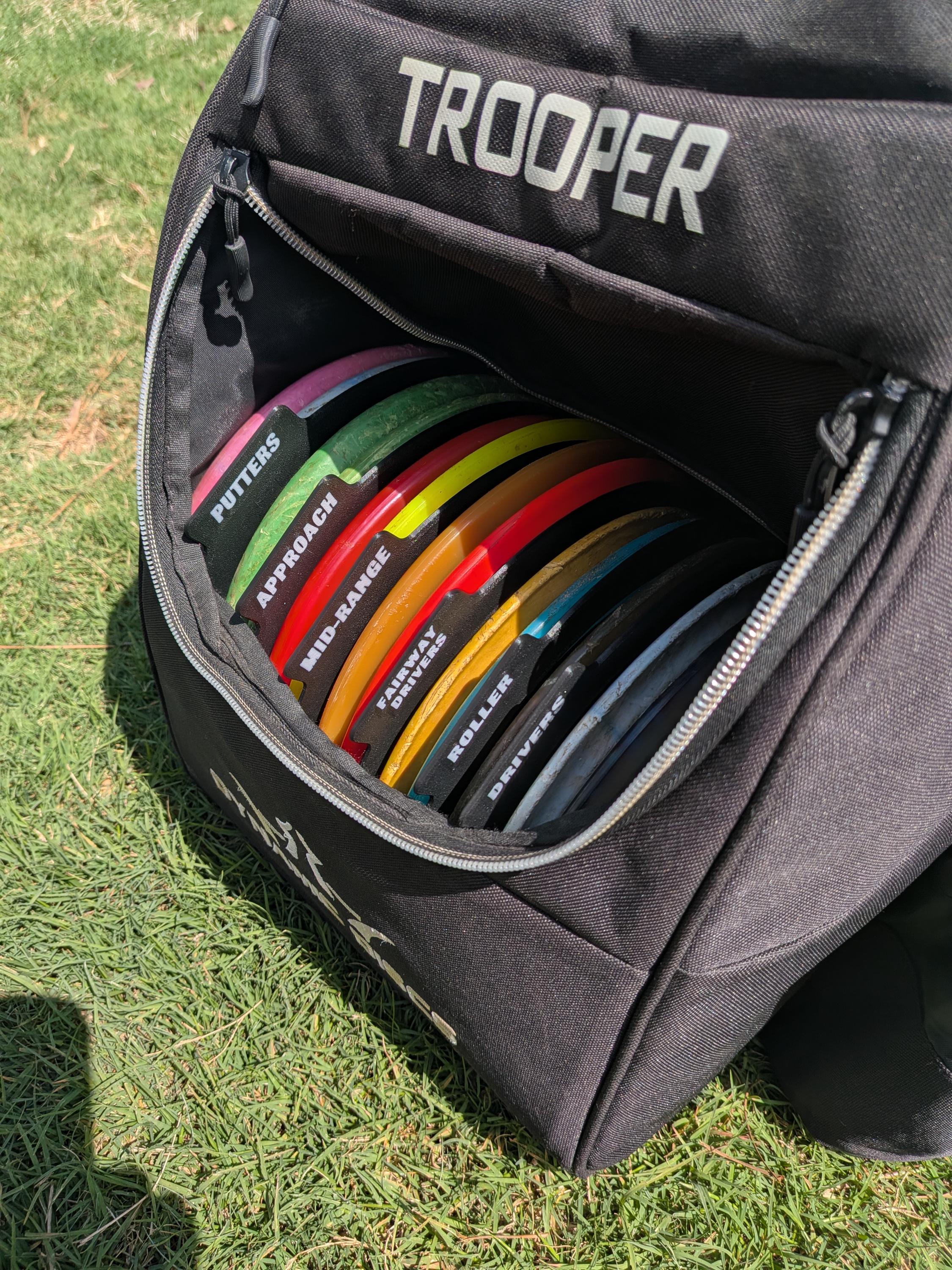 Labeled disc golf disc separators for driver, mid-range and putter