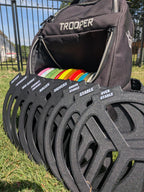 Disc golf bag dividers organizing discs by type inside a bag