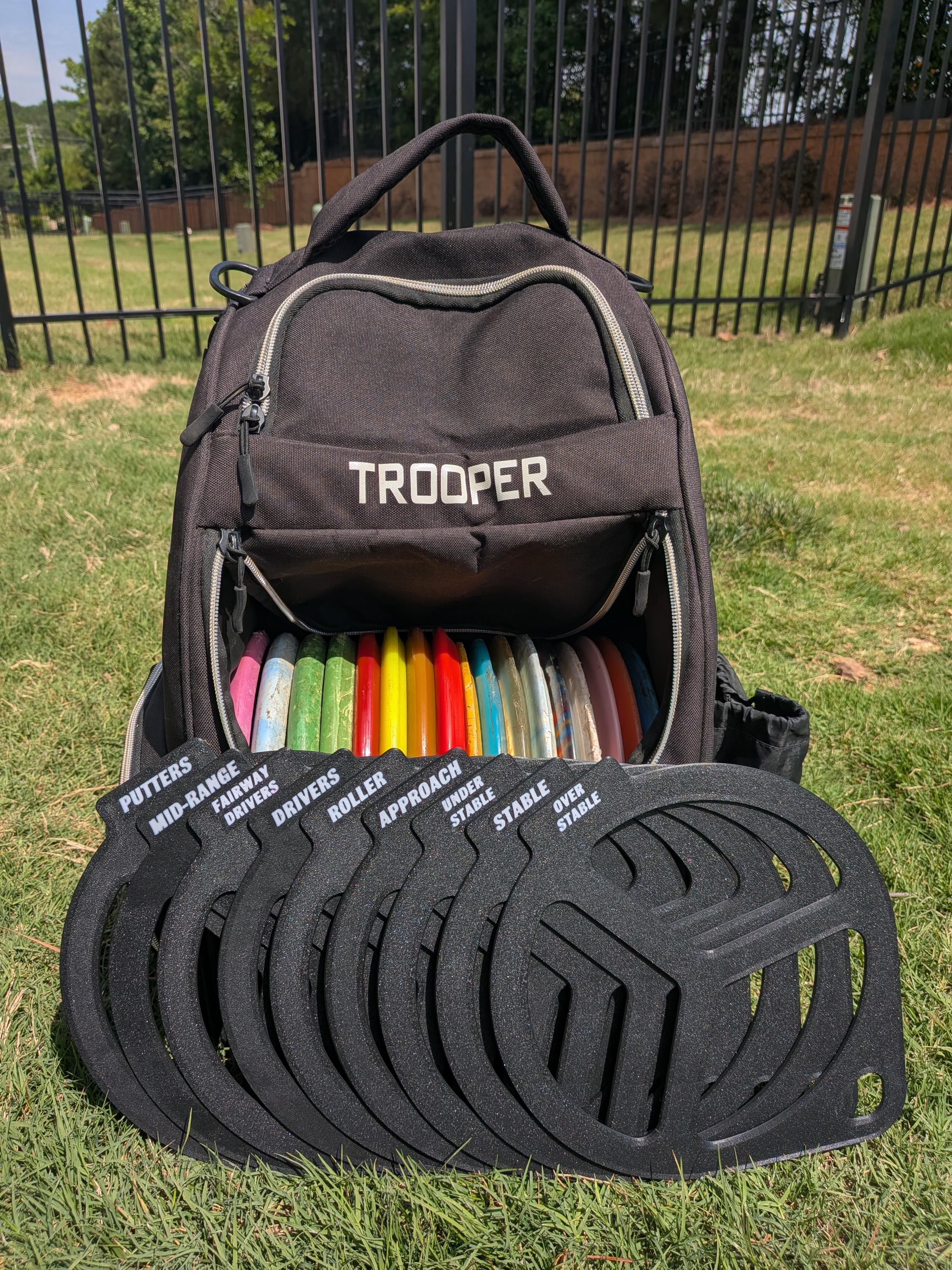 Full set of 9 3D printed disc golf bag dividers in black with white labels