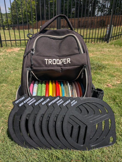 Full set of 9 3D printed disc golf bag dividers in black with white labels